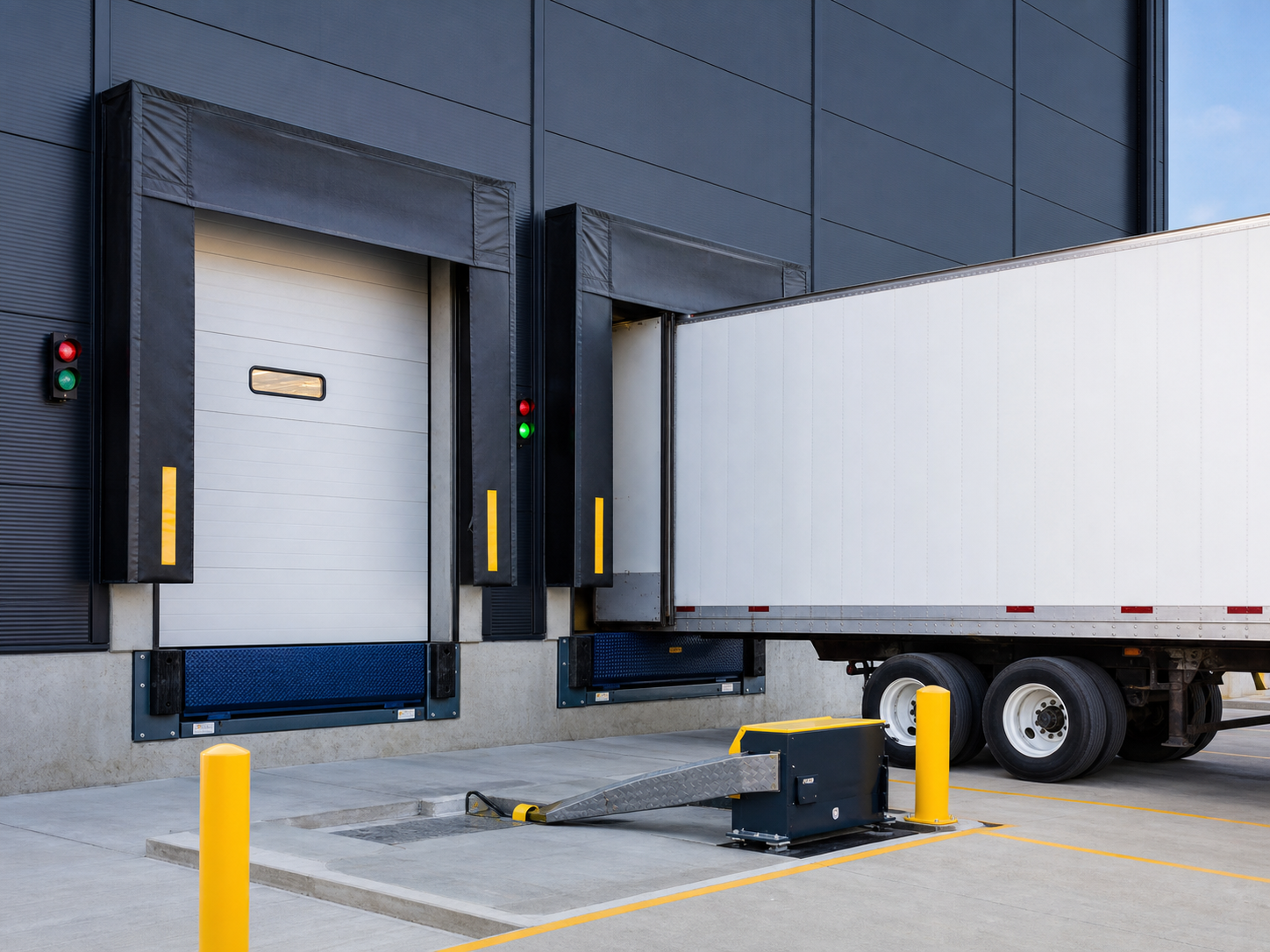 Commercial loading dock equipment with doors, levelers, seals, restraints, and safety equipment