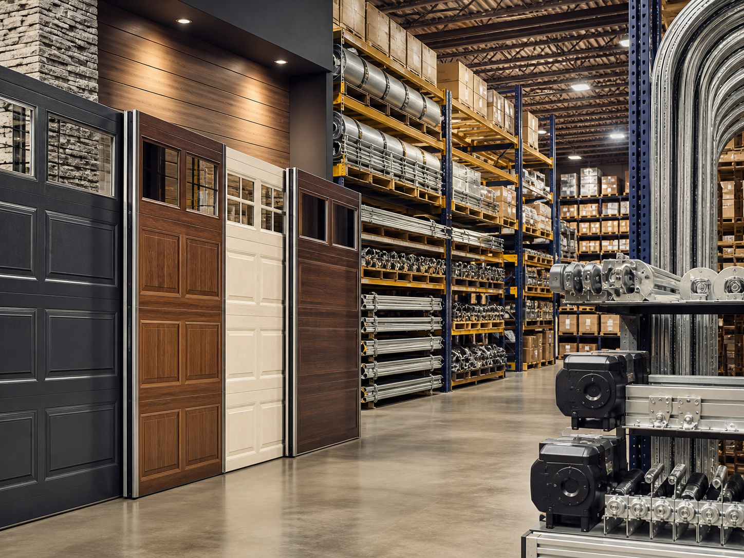 In-stock garage door panels, operators, tracks, hardware, and warehouse inventory