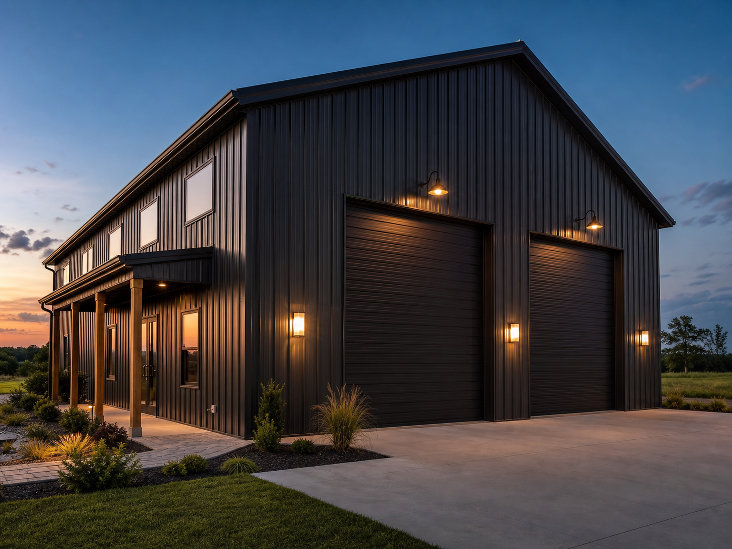 Large charcoal metal workshop building with overhead doors